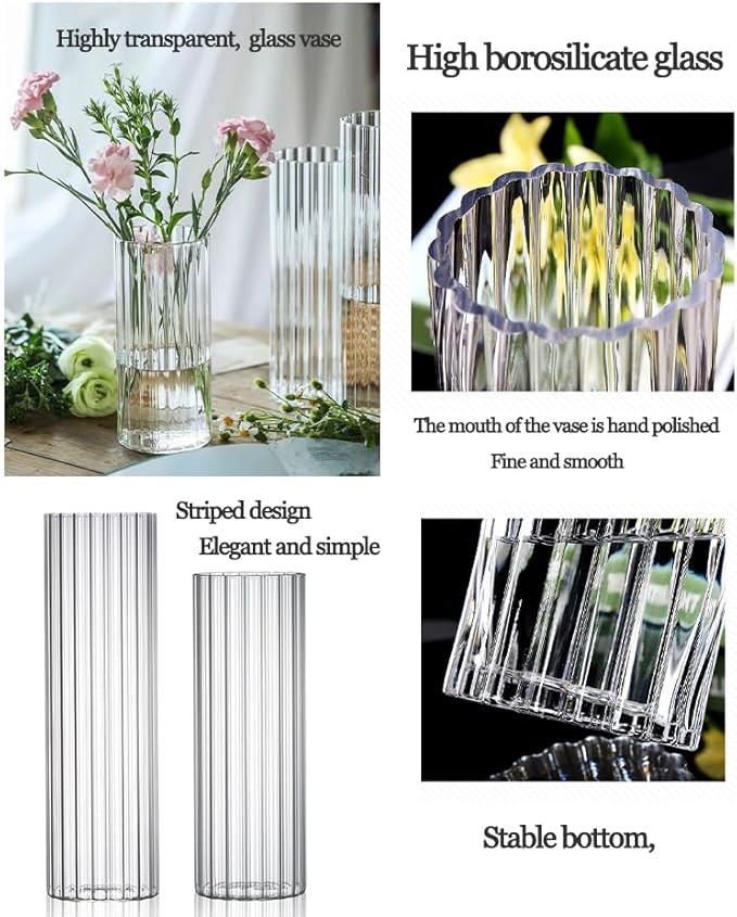 10 inch Clear Glass Flower Vases,Ribbed Vase for Centerpiece Table Home Indoor Desk Decor, Modern Boho Style Vase for Wedding House Gift