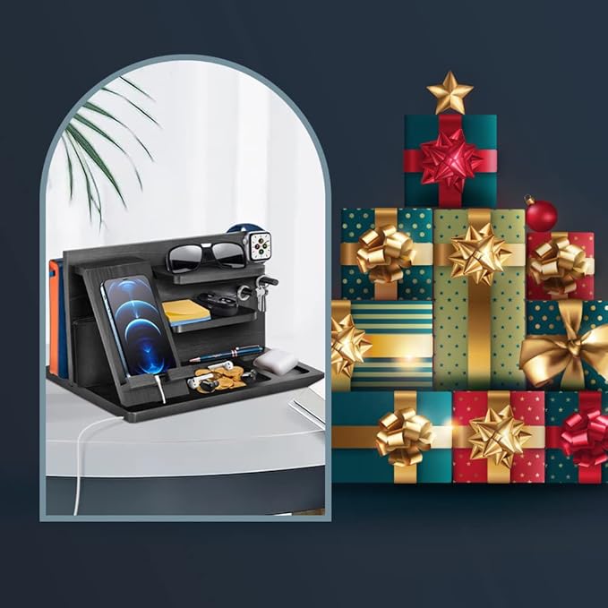 Gifts for Men Bedside Organiser Wood Phone Docking Station Dad Birthday Gifts for Him Nightstand Key Wallet Watch Stand Mens Gifts for Xmas Presents for Dad Husband Boyfriend Anniversary & Christmas