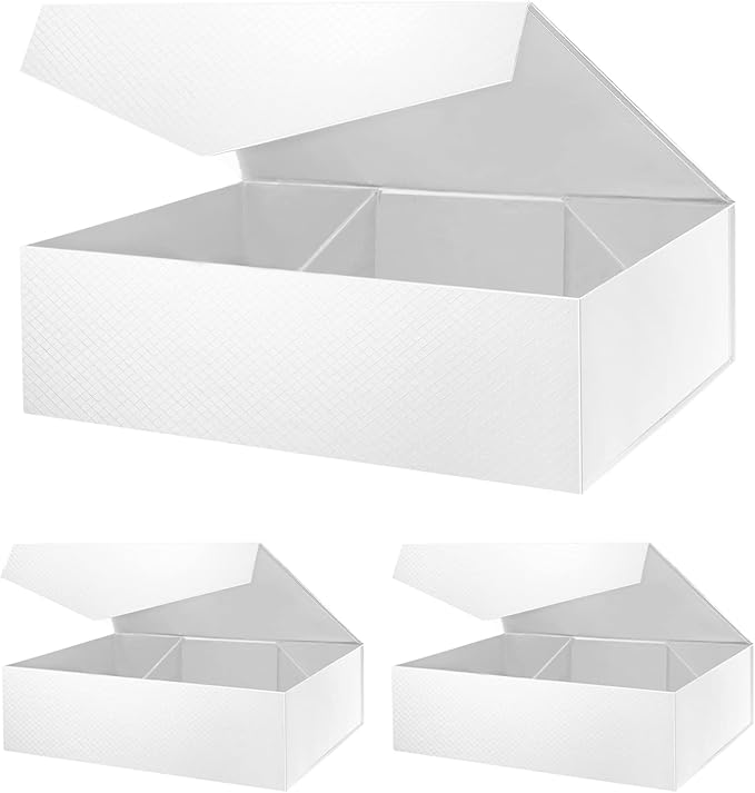 3 Extra Large Gift Boxes with Lids 16.3x14.2x5 Inches, White Bridesmaids Proposal Boxes with Magnetic Closure for All Occasion (Lattice Texture)