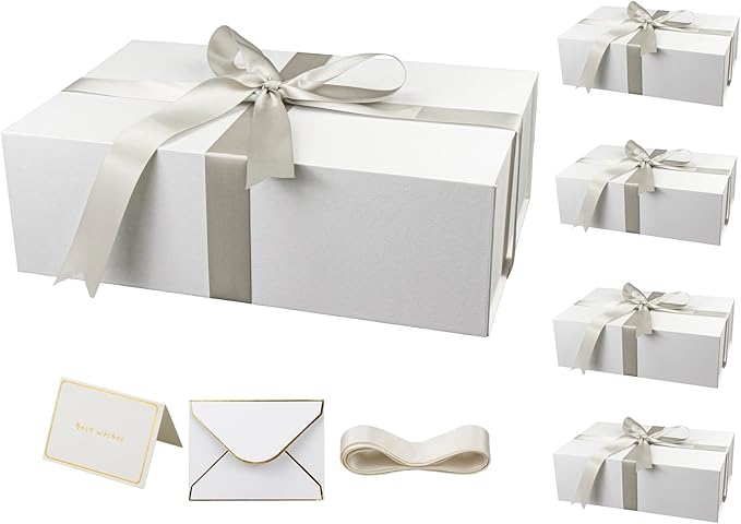 YINUOYOUJIA 5 Pack Large White Gift Boxes with Lid,14"x9"x4.5" Magnetic Gift Box with Ribbon,Cards and Envelopes for Presents,Great for Wedding,Birthdays,Crafting,Gift Packaging.