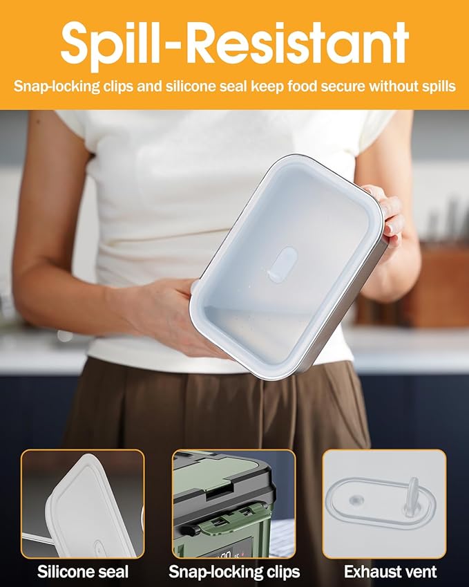 Cordless Electric Lunch Box for Adults – Battery-Powered Heated Lunch Box with 1.2L Stainless Steel Container, Timer Function, and Leak-Proof Food Warmer for Work, Travel & Office