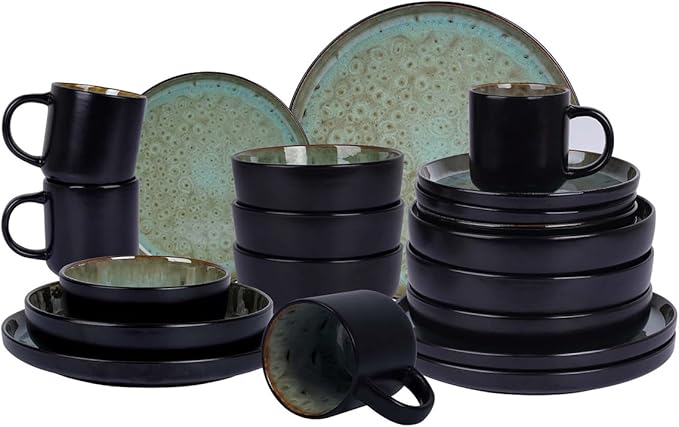 HomeVss 20-Piece Dinnerware Set - Serves 4, Reactive Glaze Bubble Green Plates & Bowls Set | Microwave & Dishwasher Safe Dishes Set