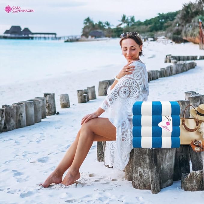 CASA COPENHAGEN Cabana Beach Designed in Denmark Rough and Tough, Quick Dry, Pool, Bath & Shower 30x60 inches 4 Pieces Cotton Beach Bath Towels Set - Turquoise