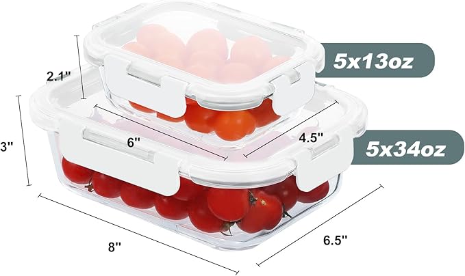 KOMUEE 10 Pack Glass Food Storage Containers, Meal Prep Containers with Lids, Airtight Glass Lunch Boxes, Freezer, Oven, and Microwave Safe, White