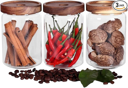 SAIOOL Glass Jars, Food Storage Containers with Airtight Acacia Lids, 20FL OZ(600ml) Glass Canisters Set-3, Clear Containers Suit for Storing Tea, Coffee, Flour, Candy, Cookie, Rice, Sugar, Pasta