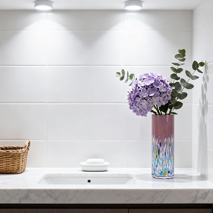 9.45" Tall Pink Vase Hand Blown Glass Vase Green, Modern Pink Home Centerpieces Wide Mouth Vases for Bud&Flower Decor - Ideal Living Room, Kitchen, Wedding, Dining Table, Office Center Table