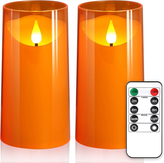 NURADA Flameless Candles with Remote and Timer - 3D Wick Unbreakable Acrylic Battery Operated LED Pillar Battery Candles for Fall Thanksgiving Dinner Tables Wedding Party Home Decor - Orange 2 Pack