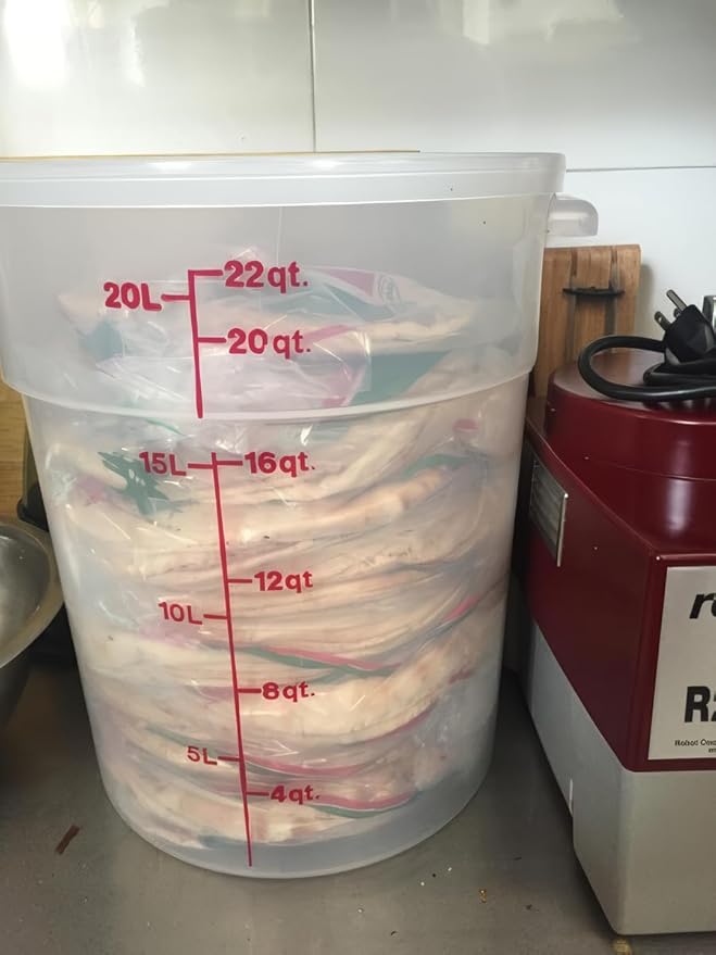 22 Qt Commercial Food Storage Container with Lid Set - Round Translucent Polypropylene with Red Graduations, NSF Listed, BPA-Free for Restaurant Kitchen Organization (4)