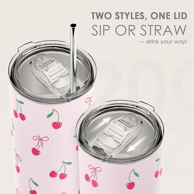 SANDJEST Cherry Tumbler 20oz, Stainless Steel Travel Cup with Lid, Insulated Coffee Mug, Cherry Gifts for Women Girls Friends Sisters on Birthday Christmas