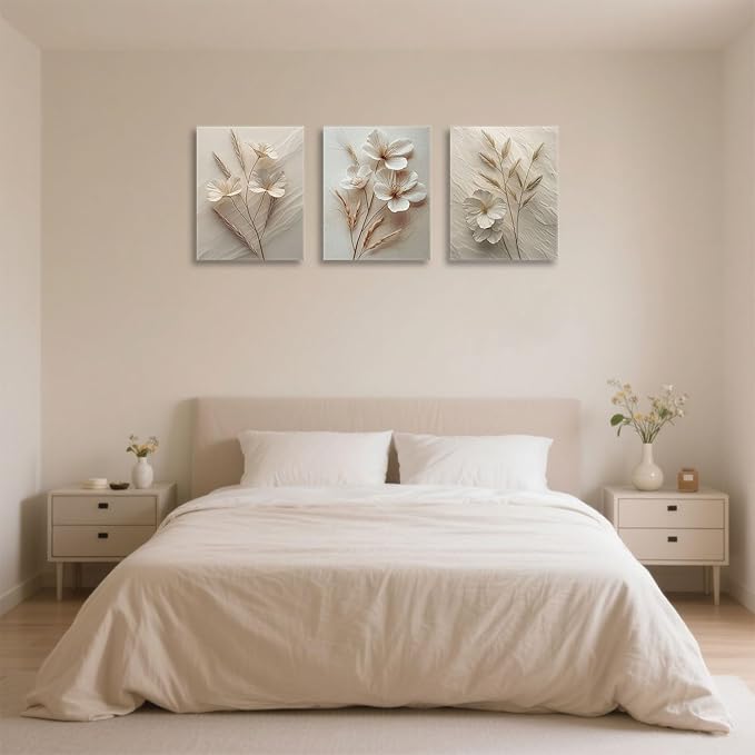 TUEASKY 3 Piece Neutral Floral Canvas Wall Art Beige Flower Wall Art Vintage Botanical Decor Modern Minimalist Prints for Bedroom Living Room Office Home Decoration 12x16in Framed
