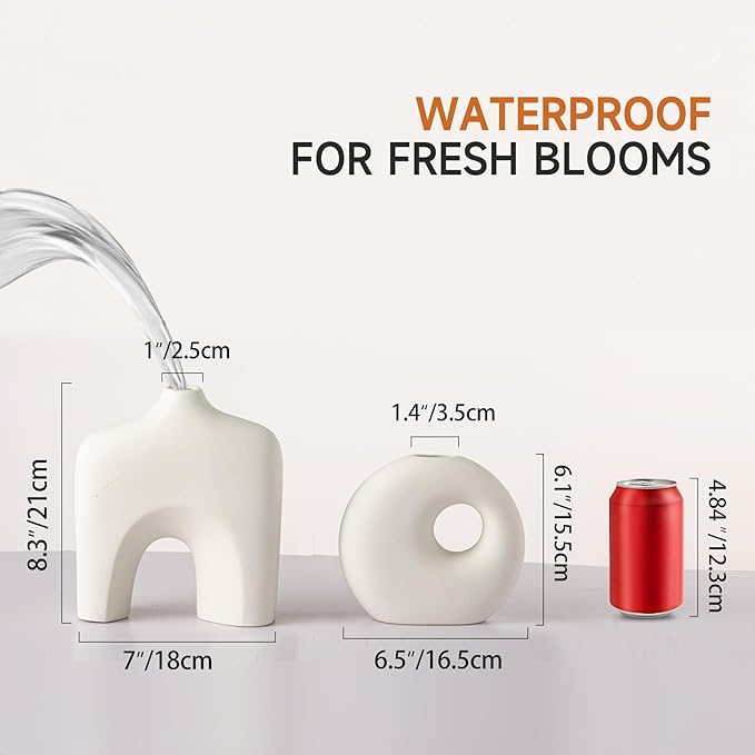 Ceramic Vase Set of 2, Modern Donut Vases for Minimalist Nordic Home Decor, Waterproof Round Vase, Decorative Centerpiece Vases for Room, Entryway, Bookshelf, Table Decor (Matte OffWhite)