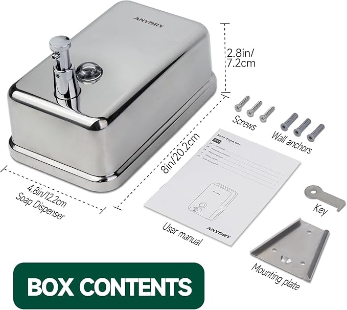 Commercial-Grade Manual Soap Dispenser, Durable Polished Stainless Steel Finish, 37oz (1100ml), Wall-Mounted for Bathroom & Kitchen