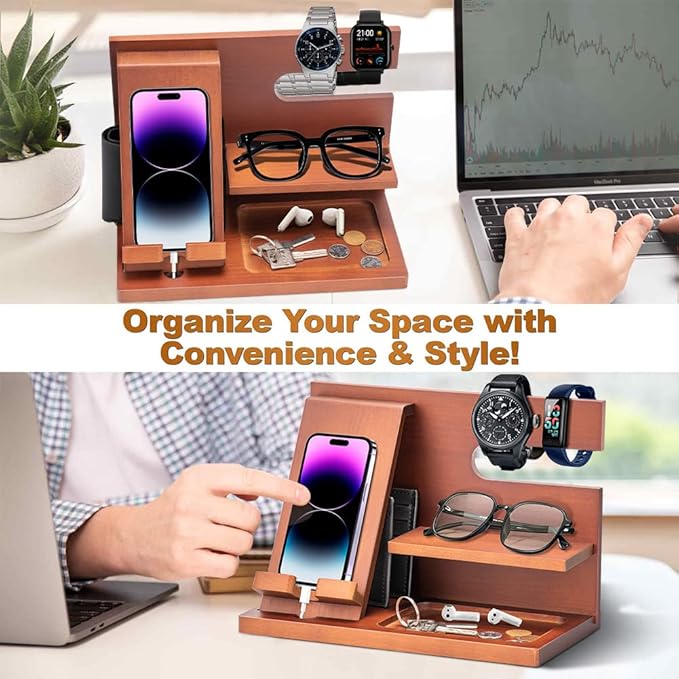 Wood Phone Docking Station - Gifts for Men Desk or Nightstand Organizer - Birthday Gifts for Husband, Fathers Day for Dad - Anniversary Idea from Wife - Key Holder, Stand Wallet, Watch & Essentials