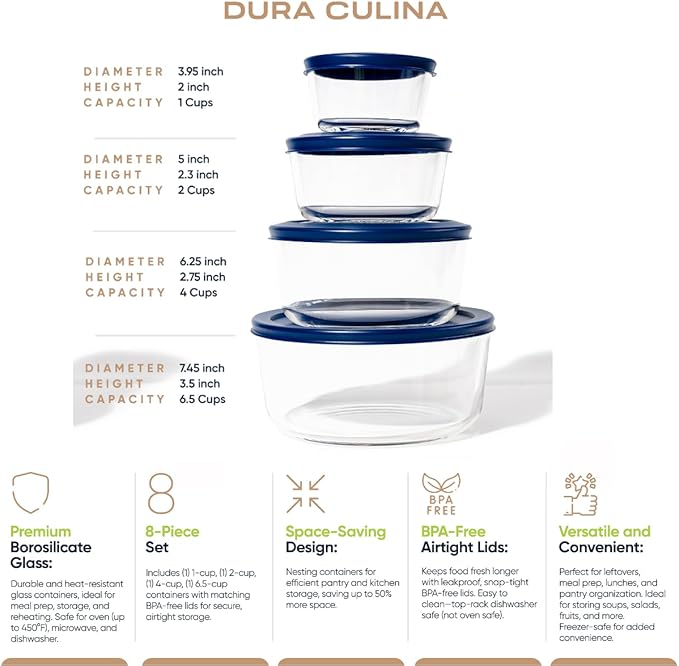 DURA LIVING 8-Piece Glass Food Storage Containers Set (4 Containers + 4 Lids) | Round, Nesting, Microwave & Dishwasher Safe | BPA-Free, Space-Saving | Blue Lids for Pantry & Kitchen Organization