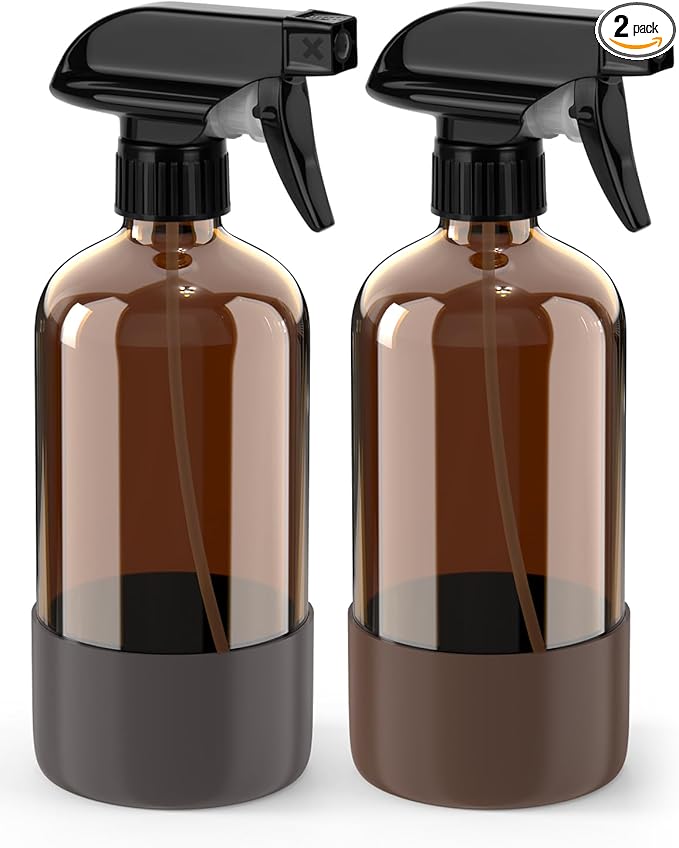 Glass Spray Bottle with Silicone Sleeve Protection, Amber Glass Spray Bottle Set for Window Cleaner Aromatherapy Facial Hydration Watering Flowers Hair Care 2 Pack/16 oz (Brown & Grey, 16 oz)