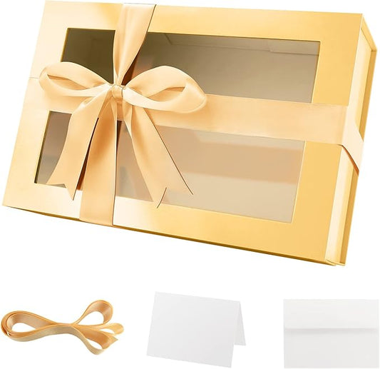 PACKQUEEN Large Gold Christmas Gift Box with Window, 13.5x9x4.1 Inches Clear Gift Box for Present Contains Ribbon, Card, Bridesmaid Proposal Box with Magnetic Lid (Glossy Gold)