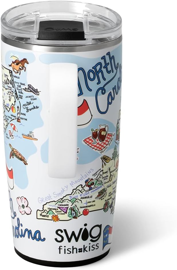 Swig Life 22oz Travel Mug, Insulated Tumbler with Handle and Lid, Travel Coffee Mug, Cup Holder Friendly, Stainless Steel 22 oz Tumbler, Reusable Insulated with Lid (North Carolina)