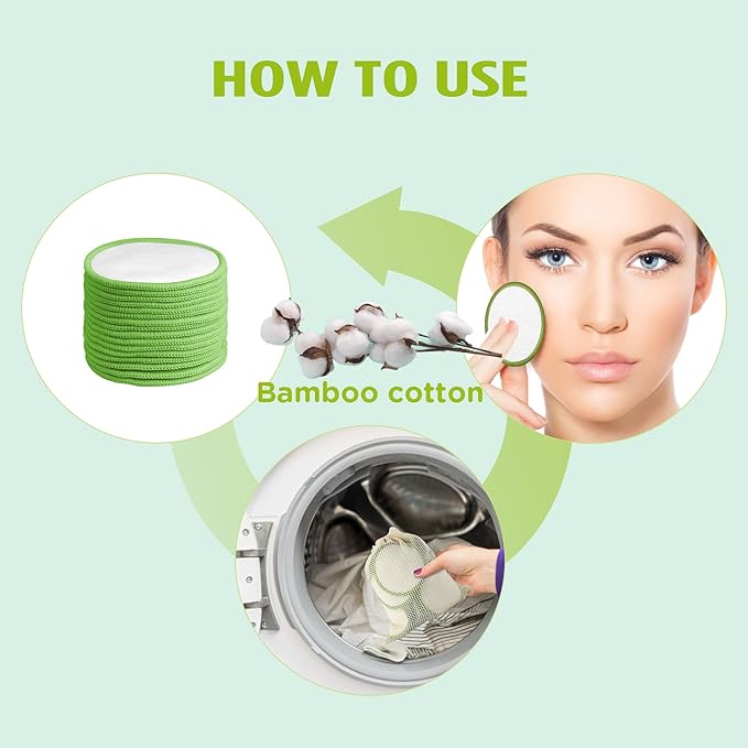 Reusable Makeup Remover Pads - 16 Packs Natural Bamboo Cotton Rounds Eco-Friendly for All Skin Types with Cotton Laundry Bag & Fashionable Metal Box，Green