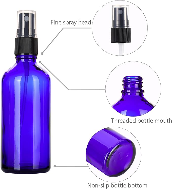3.4 oz Glass Blue Spray Bottles,Small Empty Fine Mist Refillable Travel Spray Bottle for Cleaning,Perfume,Aromatherapy,Cosmetic Sprays,Hair,Essential Oils with Fine Mist Dispenser（3 Pack）