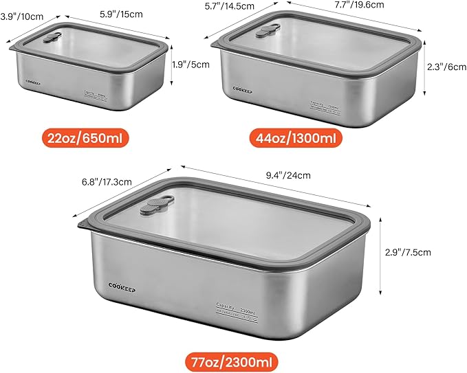 3 pcs Stainless steel food storage containers With lids，stainless steel snack containers，stainless steel lunch box，Easy Clean,Airtight & Leakproof for kitchen storage，Dishwasher safe (22oz+44oz+77oz)