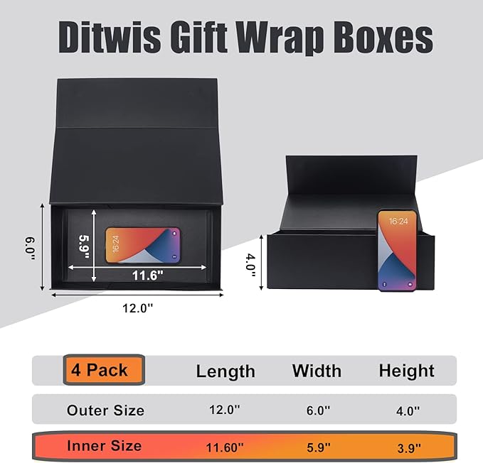 4 Pack 12x6x4 Inches Gift Boxes with Magnetic Closure Lids, Black Magnetic Box for Wedding, Groomsmen Bridesmaid Proposal, Birthdays, Mother's Day