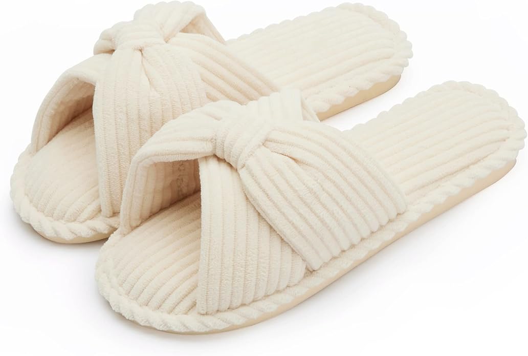 Chantomoo Slippers for Women Memory Foam House Womens Slipper Slides Home Bedroom Bathroom Spa Open Toe Corduroy Bow Slippers Cozy Comfortable