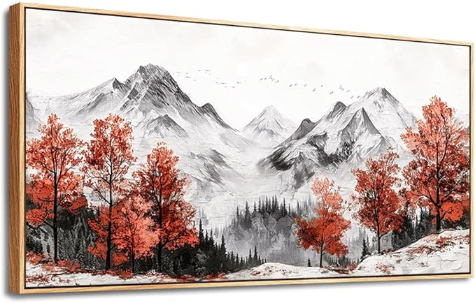 PHAOHUAXM Large Canva Wall Decor For Living Room Wood Framed Wall Art For Bedroom Office Murals Red Tree Ink-Wash Mountain Landscape Painting Pictures Modern Restaurant Room Home Decoration 30"X60"