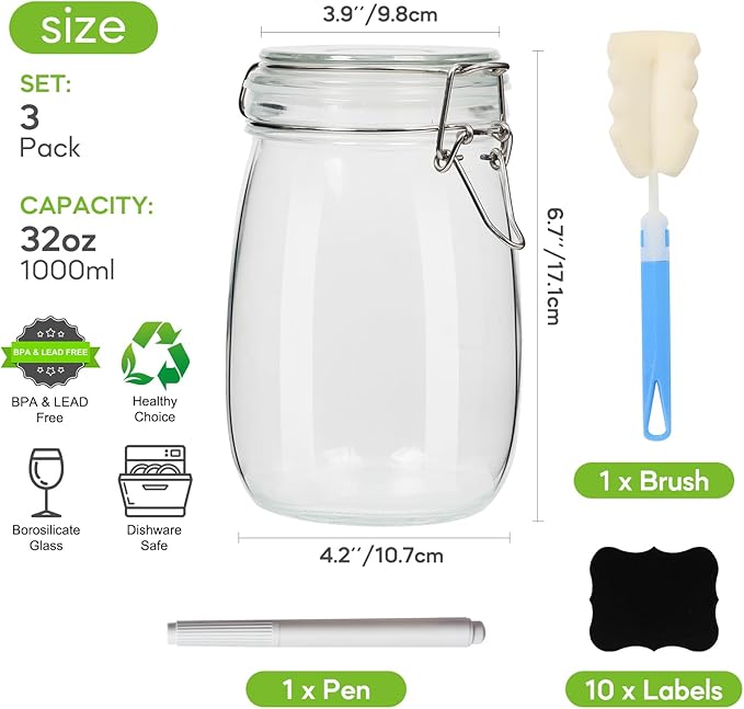 EkkoVla 34 oz Glass Food Storage Jars with Airtight Clamp Lids, Set of 3 Kitchen Canisters, Round Mason Jars Containers for Pasta, Coffee, Candy, Flour, Cereal, Dog Treats, Snacks and Canning