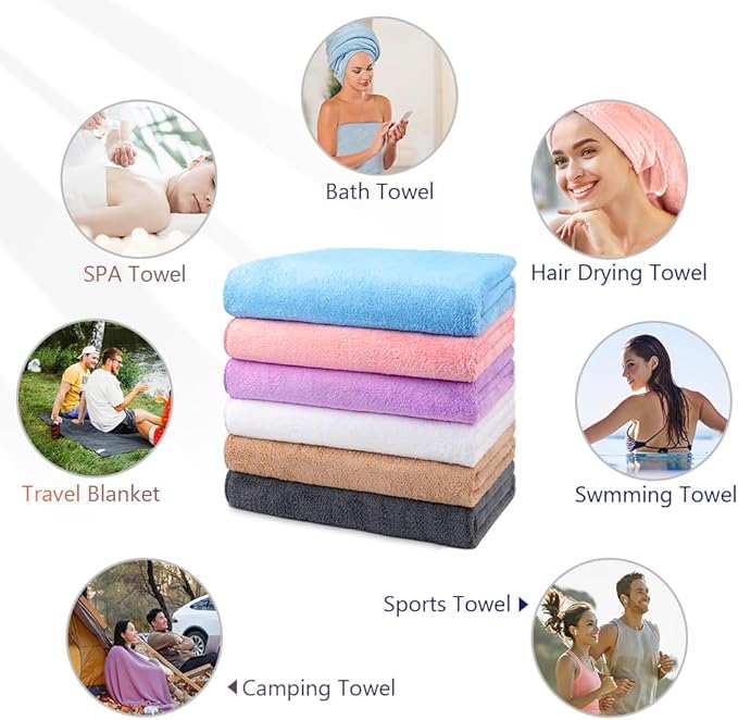Orighty Bath Towels Pack of 6(24'' x 48'') - Soft Feel, Highly Absorbent, Quick Drying for Body, Sport, Yoga, SPA, Fitness - Multi-Color