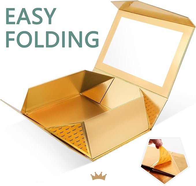 PACKQUEEN Large Gold Christmas Gift Box with Window, 13.5x9x4.1 Inches Clear Gift Box for Present Contains Ribbon, Card, Bridesmaid Proposal Box with Magnetic Lid (Glossy Gold)