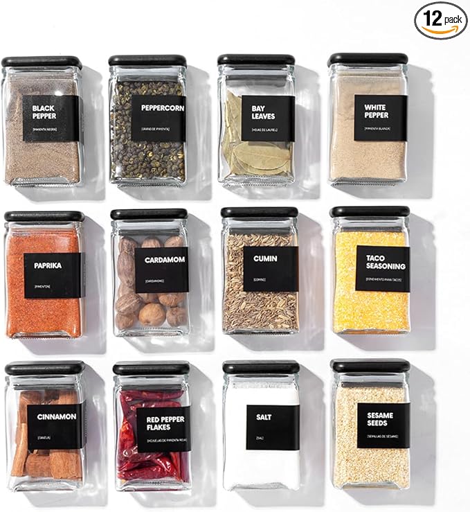 APT 1101 Glass Square Spice Jars with Labels, 4oz Glass Jars with Bamboo Lids, Spice Bottles, Seasoning Organizer, 12 Pack (Black)