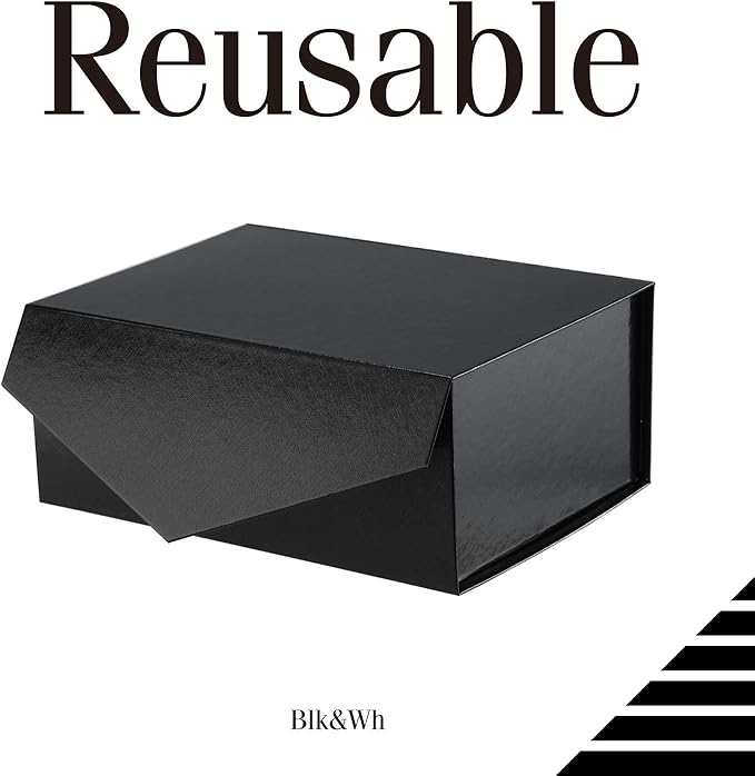 BLK&WH 6 Gift Boxes 9x6.5x3.8 Inches, Black Gift Boxes, Groomsman Boxes, Collapsible Boxes with Magnetic Closure Lids for Gift Packaging (Glossy Black with Grass Texture)