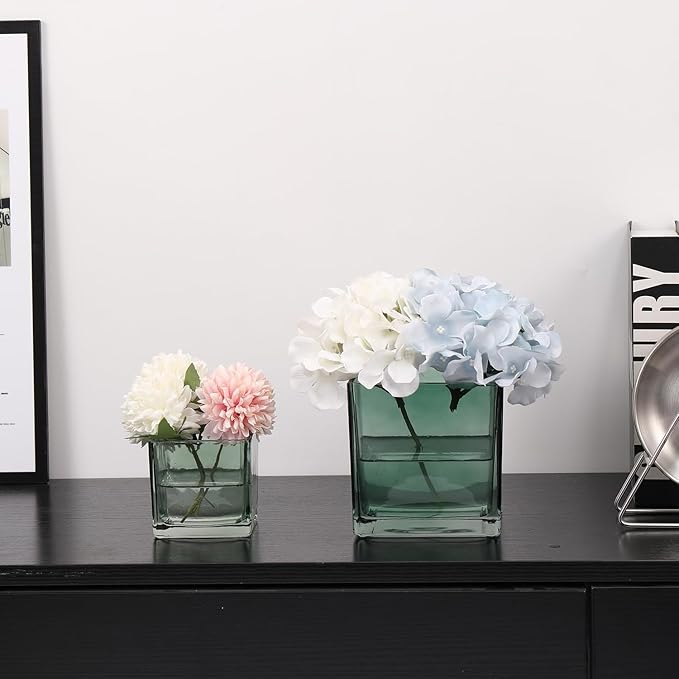 Square Flower Vases Set of 4, 3"x 3"x 3" Glass Vases for Centerpieces, Green Vase for Flowers, Small Vase for Wedding, Party, Home Office Decoration