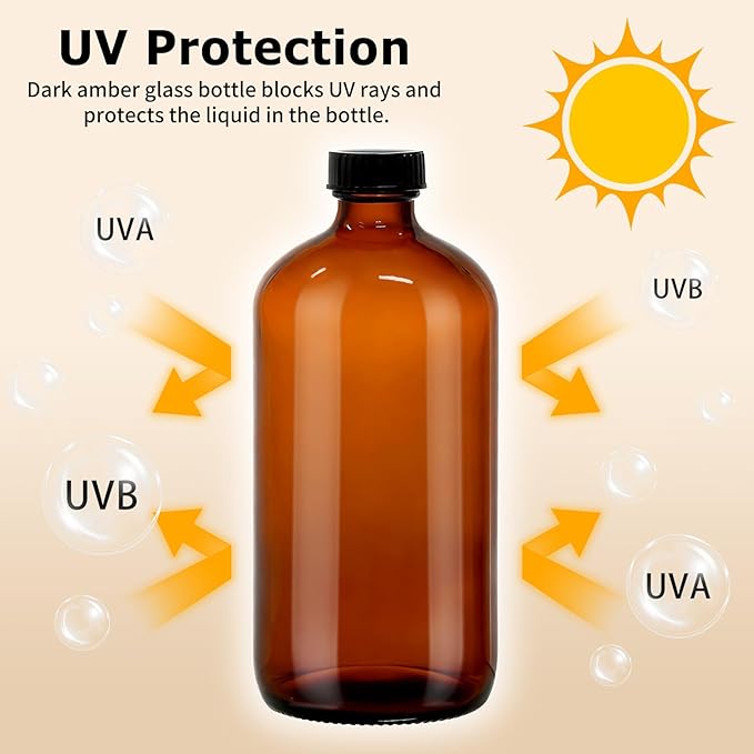 4 Pack 32 oz Amber Glass Boston Round Bottles with Phenolic Polycone Caps – Airtight, Leak-Proof Brown Bottles for Kombucha Brewing, Essential Oils, Storing Condiments, and Homemade Solutions