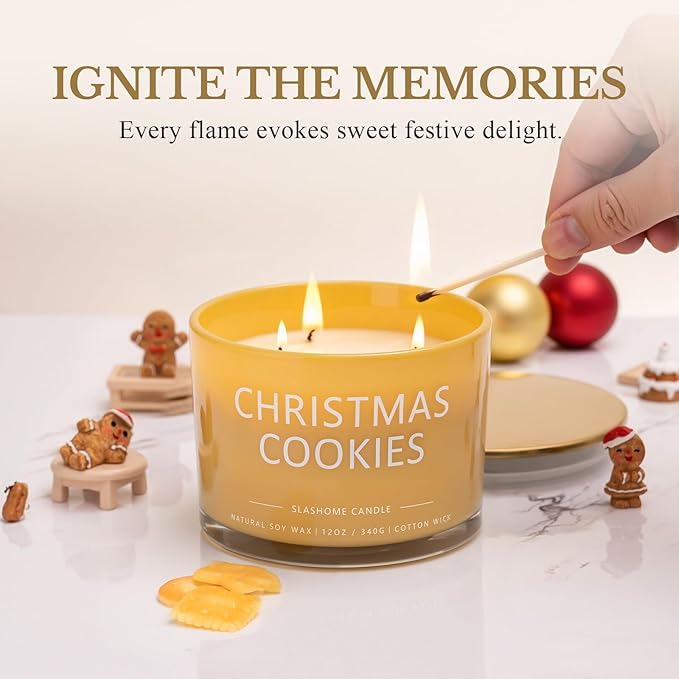 Christmas Cookie Candle, Large 3 Wick 12oz Soy Scented Candle, Luxury Christmas Birthday & Winter Holiday Gift for Women & Men, Long Lasting 60+ Hour Clean Non-Toxic Burn, Elegant Winter Home Decor