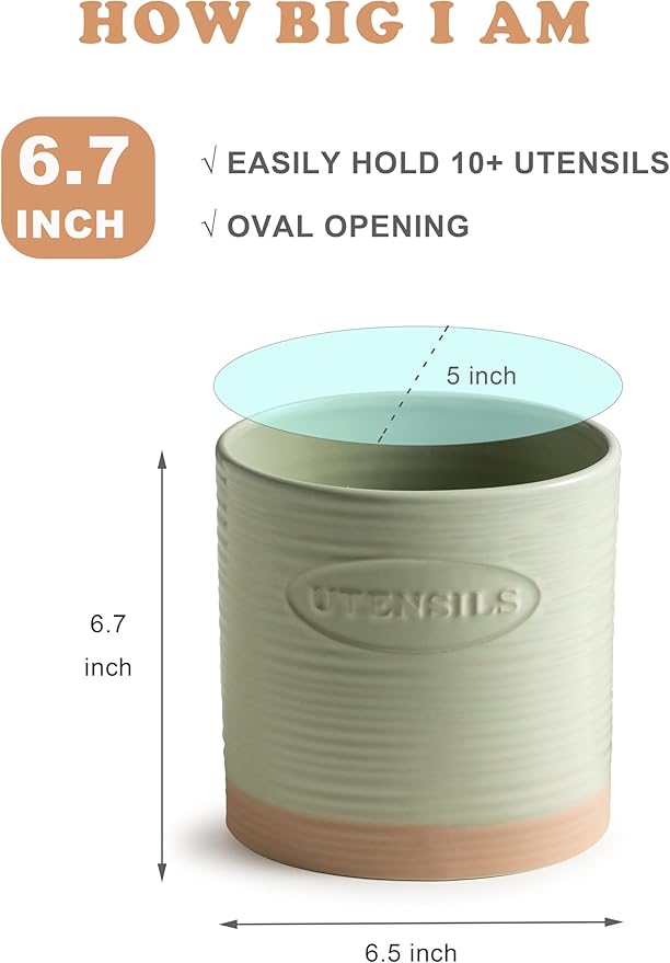 YHOSSEUN Kitchen Utensil Holder, Ceramic Utensil Holder for Kitchen Counter 6.7" Large Cooking Utensil Crock Farmhouse Utensil Organizer Storage, Oval Opening, Green