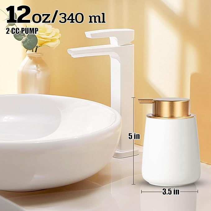 Foaming Soap Dispenser - 12 Oz White Ceramic Foam Hand Soap Dispenser for Bathroom, Face Wash Dispenser Bottle with Matte Golden Foam Pump, Refillable Lotion Dish Dispenser for Kitchen