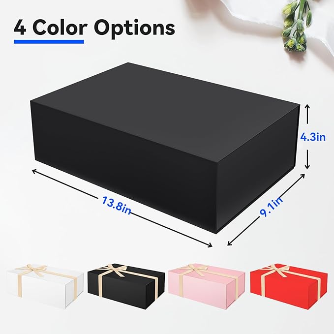 Brothersbox Black Gift Box 13.8"x9.1"x4.3" Large Gift Boxes for Presents with Magnetic Lid, Ribbon, Collapsible Boxes for Gift Packaging Mother's Day Christmas Birthday Wedding