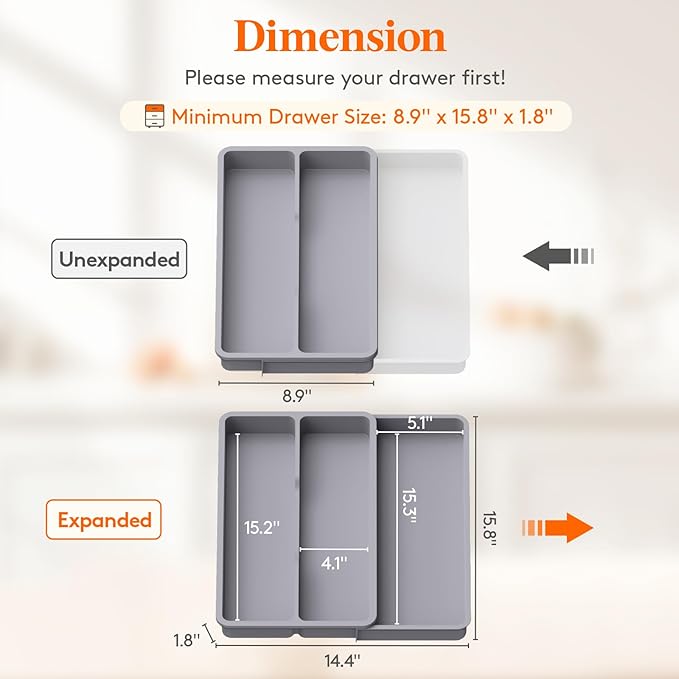 Lifewit Utensil Drawer Organizer, Expandable Cooking Silverware Tray for Kitchen Drawer, Adjustable Cutlery Flatware Holder, Plastic Spatula Tools and Gadgets Storage Divider, 3 Compartments, Gray