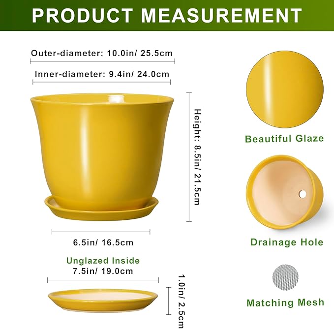 Ceramic Planter - 10 Inch Plant Pot for Indoor Outdoor, Round Flower Pots with Drainage Hole and Saucer, Large Plant Pot, Modern Planters, Home Room Decor, Gifts for Plants Lovers, Yellow