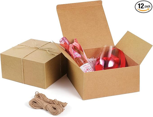 ValBox 8x8x4 Inches Gift Boxes 12 PCS Brown Paper Gift Boxes with Lids for Gifts, Wedding Present, Bridesmaid Proposal Box, Birthday Party Favor, Easy Assemble Box with 66ft Twine