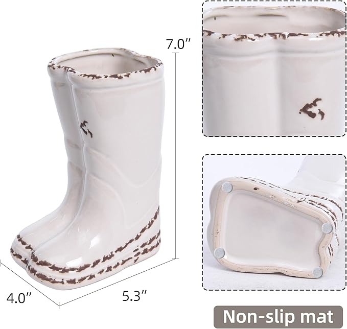 Quoowiit Ceramic Rustic Farmhouse Boot Vase, White Distressed Flower Vase for Home Decor, Decorative Vases for Centerpiece Table Decorations, Vases for Living Room Kitchen Entryway Mantle Shelf Decor