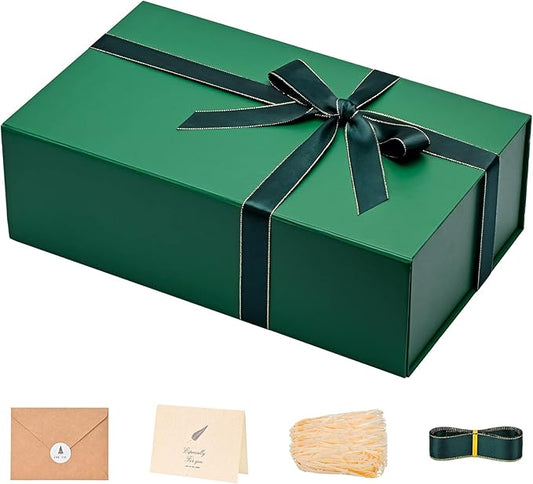 LIFELUM Christmas Gift Box for Presents 1 Pack 13.85 x 8.35 x 4.45 inch Big Decorative Green Gift Box for Clothes with Magnetic Lids Luxury Accessories Card, Ribbon, Filler,Sticker