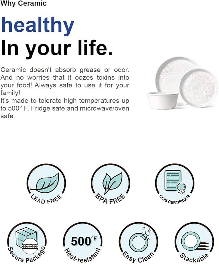 LE TAUCI Dishes Set for 6, Stoneware Plates and Bowls Set, 10" Dinner & 8" Salad Plates, 6" Bowls, Stackable, Microwave & Dishwasher Safe Ceramic Dinnerware, 18-Piece, White