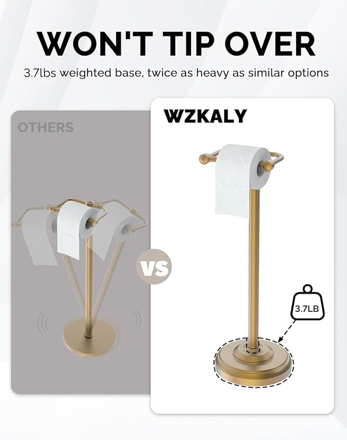 Toilet Paper Holder Stand, Brushed Brass Toilet Paper Holder Free Standing, Post Pivoting Design & Stable Weighted Base SUS304 Stainless Steel for Bathroom(Mega Roll)