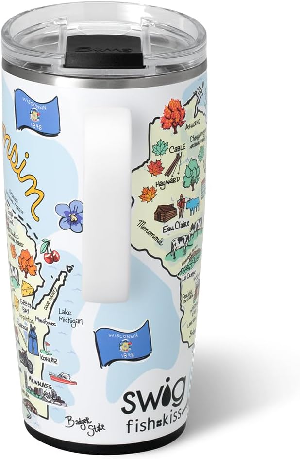 Swig Life 22oz Travel Mug, Insulated Tumbler with Handle and Lid, Travel Coffee Mug, Cup Holder Friendly, Stainless Steel 22 oz Tumbler, Reusable Insulated with Lid (Wisconsin)
