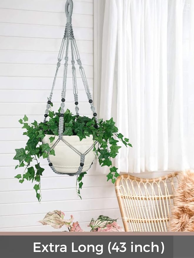 2 Pack 43 Inches Macrame Planter Hanger Large for 12 inch Pot + Swag Hook (Extra Long & Big) | Large Hanging Planter for Indoor Plants | No Tassel, Cotton Rope, No Pot/Plant Included