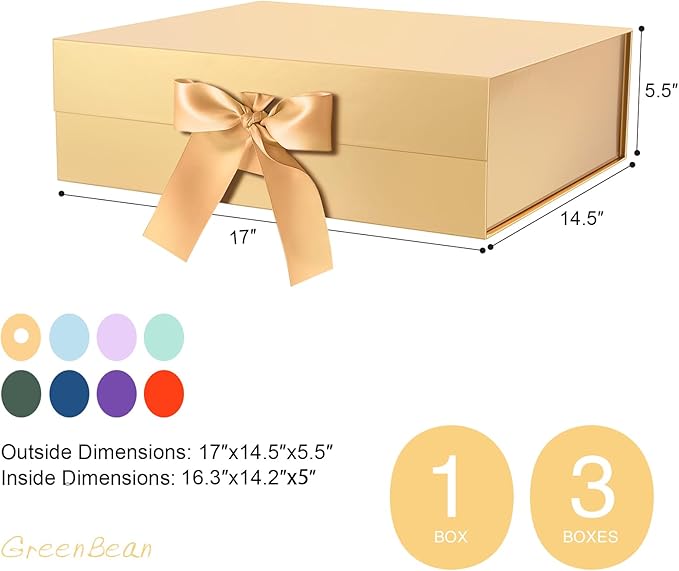 GREEN BEAN 3 Extra Large Gift Boxes with Lid 16.3 x 14.2 x 5 Inches, Gold Magnetic Gift Box with Ribbon for Clothes, Large Presents Christmas Halloween(Glossy Gold)
