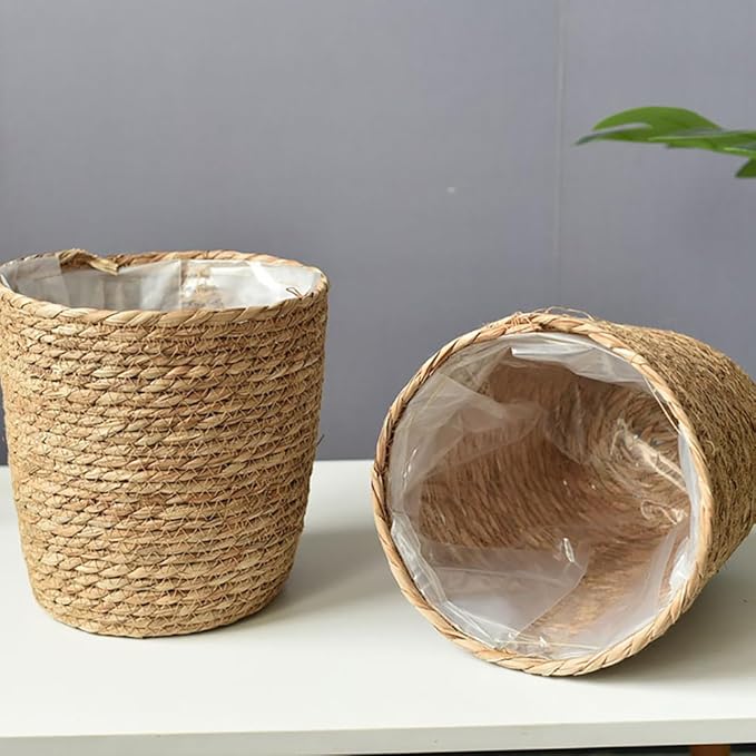 Veemoon 2Pcs Wicker Planter Basket, Rattan Grass Woven Flower Pot Seagrass Planter with Plastic Liner Farmhouse Storage Fruit Bowl Hyacinth Storage Baskets for Plant Flower Fruit Vegetable, 8.65inch H
