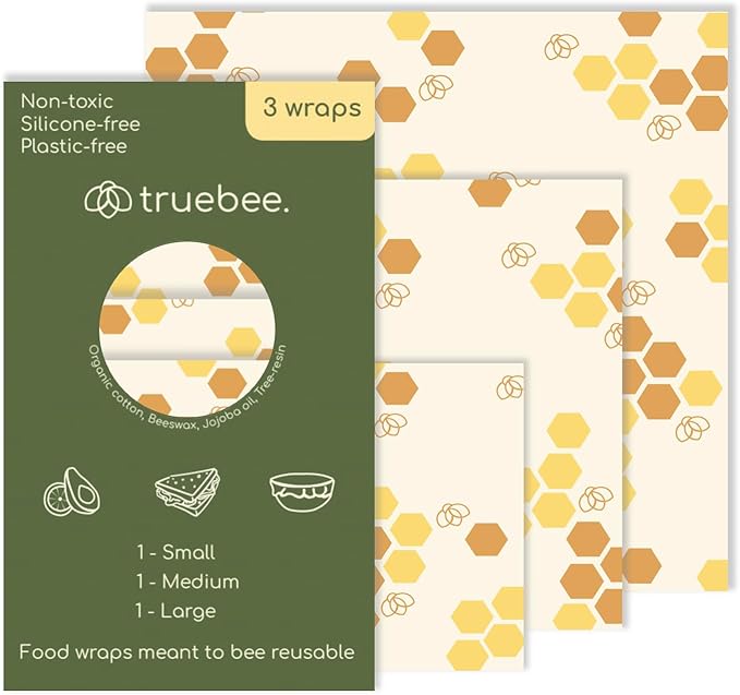 Truebee Reusable Beeswax Food Wraps 3-Pack – Non Toxic, Plastic Free, Silicone Free, Sustainable, Environmentally Friendly, Organic Cotton Beeswax Wraps (S, M, L), Signature Design